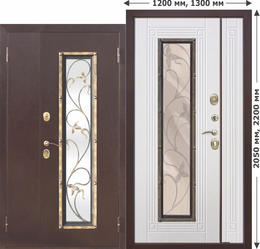 Входная металлическая нестандартная дверь со стеклопакетом Плющ 1200х2050, 1300х2050 Белый